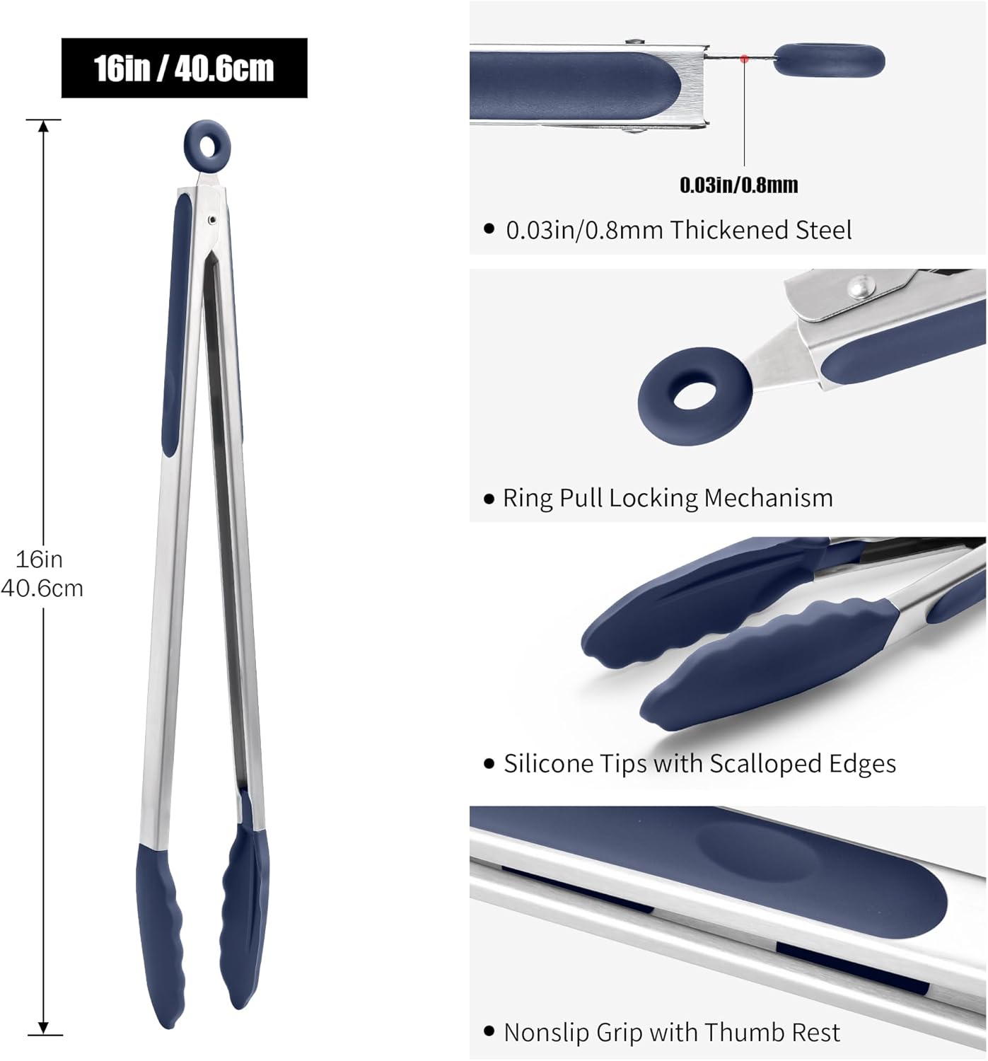 Kitchen Tongs with Silicone Tips for Cooking Serving (3Pcs, Navy) | 600°F Heat Resistant Food Tong, Heavy Duty Stainless Steel Locking Tong for BBQ, Grilling Steak, Salad, Toast, Pasta