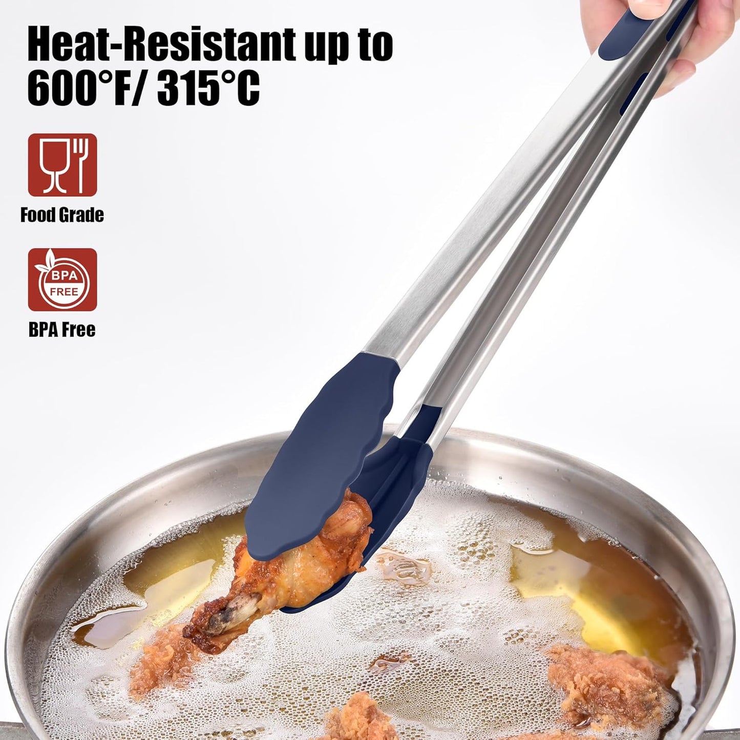 Kitchen Tongs with Silicone Tips for Cooking Serving (3Pcs, Navy) | 600°F Heat Resistant Food Tong, Heavy Duty Stainless Steel Locking Tong for BBQ, Grilling Steak, Salad, Toast, Pasta