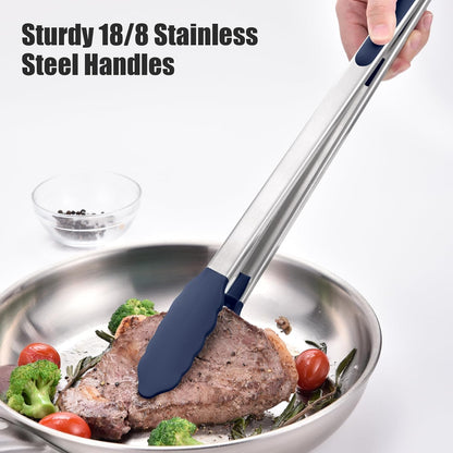 Kitchen Tongs with Silicone Tips for Cooking Serving (3Pcs, Navy) | 600°F Heat Resistant Food Tong, Heavy Duty Stainless Steel Locking Tong for BBQ, Grilling Steak, Salad, Toast, Pasta