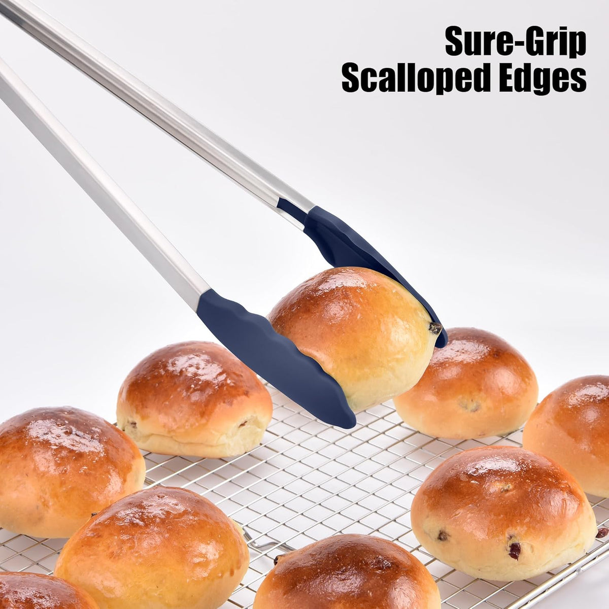 Kitchen Tongs with Silicone Tips for Cooking Serving (3Pcs, Navy) | 600°F Heat Resistant Food Tong, Heavy Duty Stainless Steel Locking Tong for BBQ, Grilling Steak, Salad, Toast, Pasta