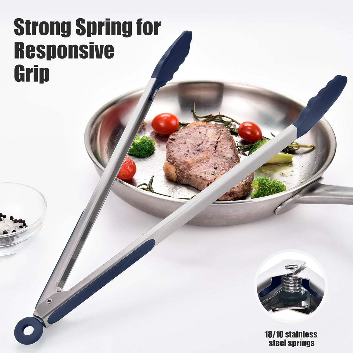 Kitchen Tongs with Silicone Tips for Cooking Serving (3Pcs, Navy) | 600°F Heat Resistant Food Tong, Heavy Duty Stainless Steel Locking Tong for BBQ, Grilling Steak, Salad, Toast, Pasta