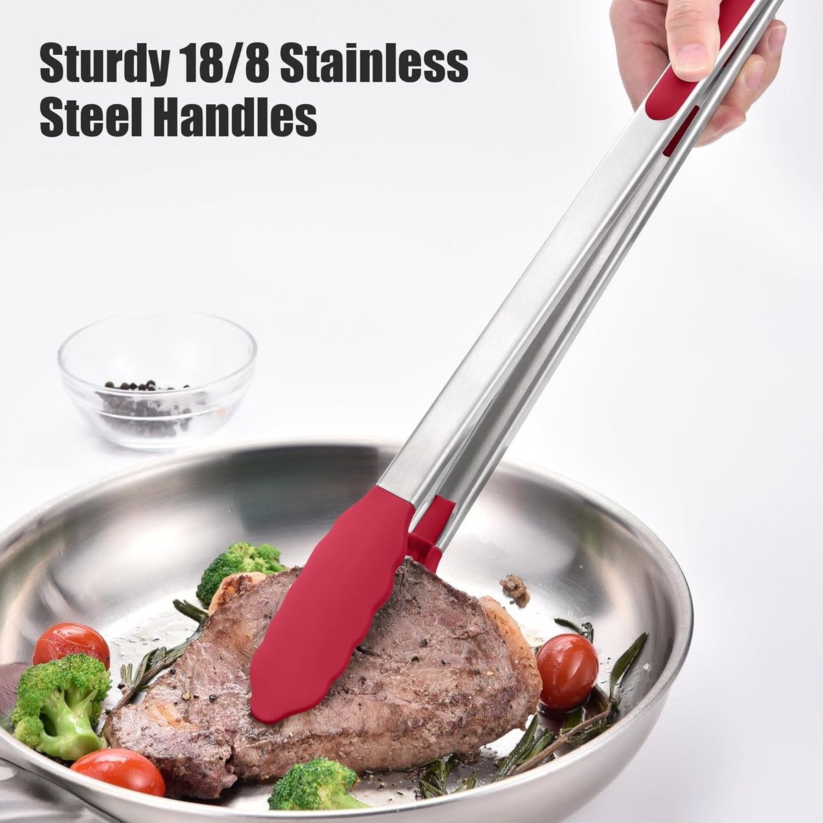 Kitchen Tongs with Silicone Tips for Cooking Serving (3Pcs, Navy) | 600°F Heat Resistant Food Tong, Heavy Duty Stainless Steel Locking Tong for BBQ, Grilling Steak, Salad, Toast, Pasta