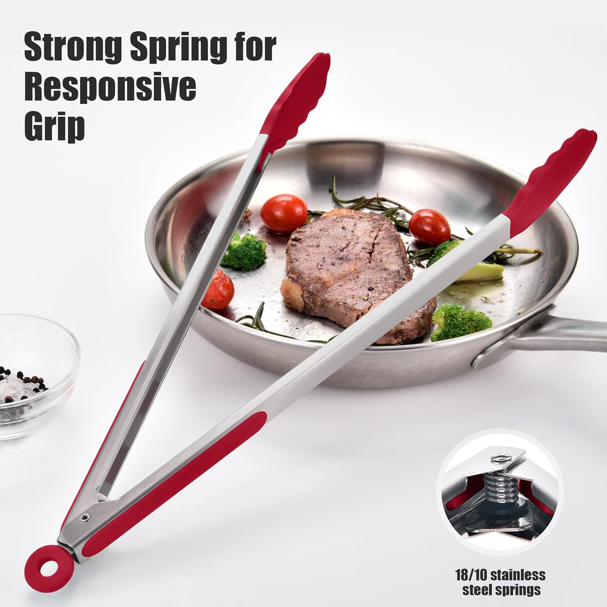 Kitchen Tongs with Silicone Tips for Cooking Serving (3Pcs, Navy) | 600°F Heat Resistant Food Tong, Heavy Duty Stainless Steel Locking Tong for BBQ, Grilling Steak, Salad, Toast, Pasta
