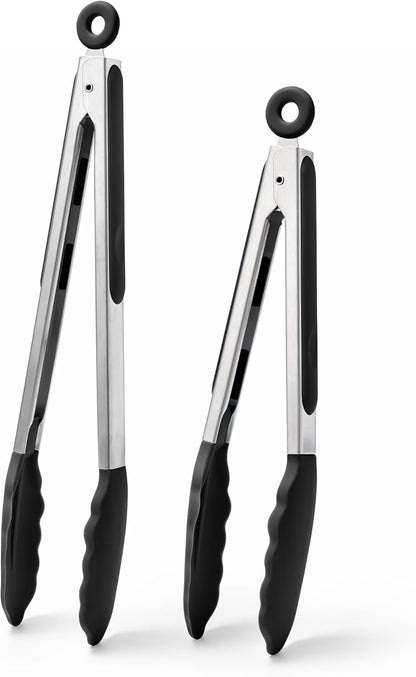 Kitchen Tongs with Silicone Tips for Cooking Serving (3Pcs, Navy) | 600°F Heat Resistant Food Tong, Heavy Duty Stainless Steel Locking Tong for BBQ, Grilling Steak, Salad, Toast, Pasta