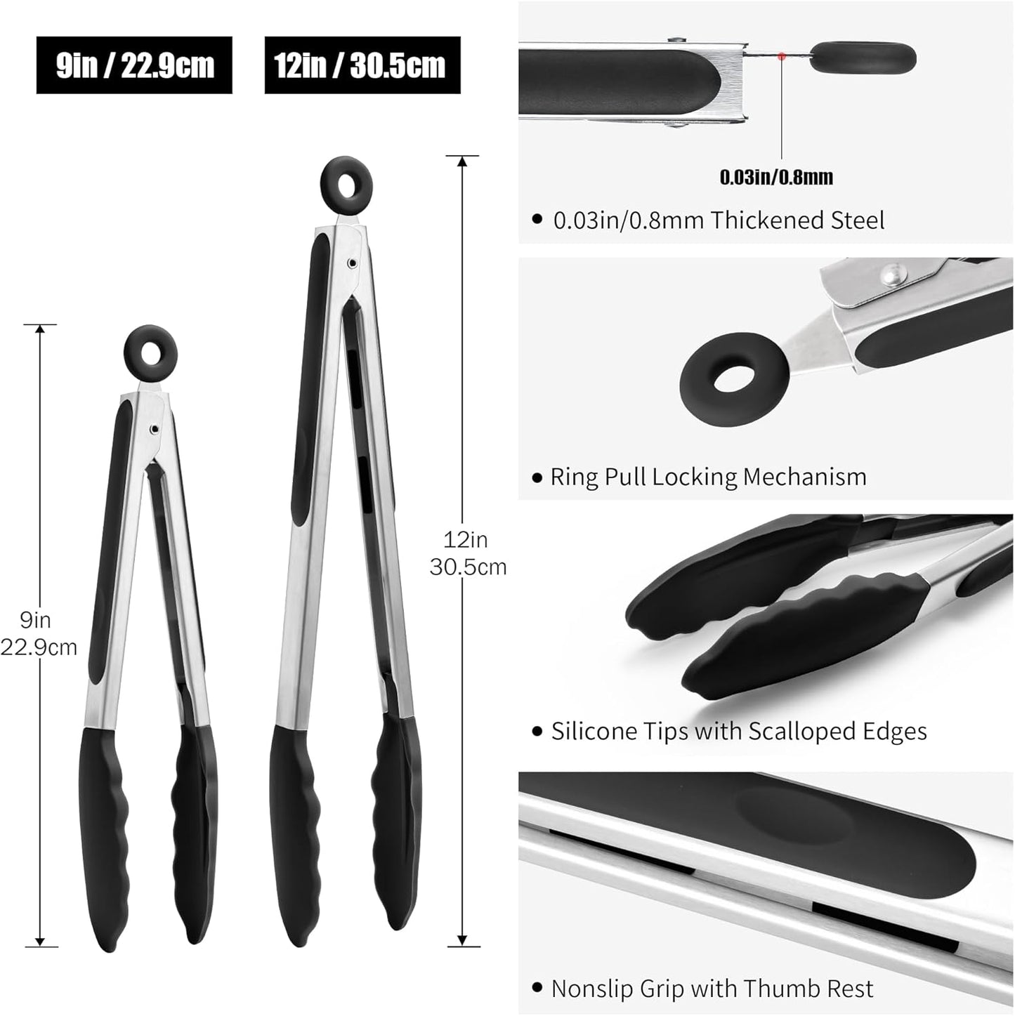Kitchen Tongs with Silicone Tips for Cooking Serving (3Pcs, Navy) | 600°F Heat Resistant Food Tong, Heavy Duty Stainless Steel Locking Tong for BBQ, Grilling Steak, Salad, Toast, Pasta