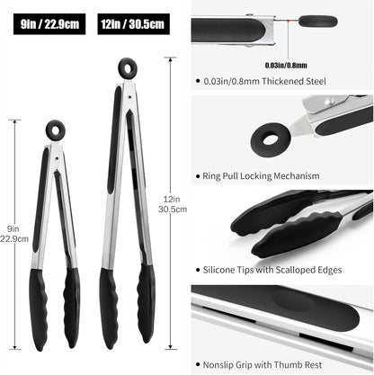 Kitchen Tongs with Silicone Tips for Cooking Serving (3Pcs, Navy) | 600°F Heat Resistant Food Tong, Heavy Duty Stainless Steel Locking Tong for BBQ, Grilling Steak, Salad, Toast, Pasta