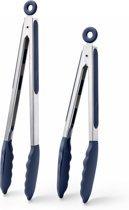 Kitchen Tongs with Silicone Tips for Cooking Serving (3Pcs, Navy) | 600°F Heat Resistant Food Tong, Heavy Duty Stainless Steel Locking Tong for BBQ, Grilling Steak, Salad, Toast, Pasta
