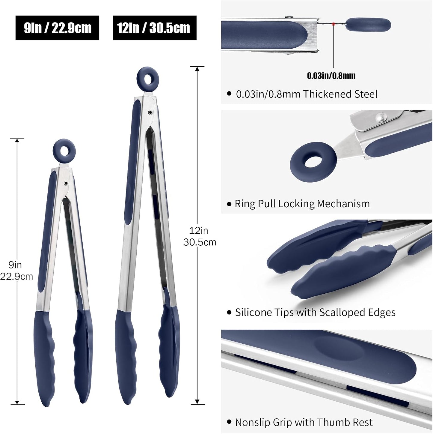 Kitchen Tongs with Silicone Tips for Cooking Serving (3Pcs, Navy) | 600°F Heat Resistant Food Tong, Heavy Duty Stainless Steel Locking Tong for BBQ, Grilling Steak, Salad, Toast, Pasta