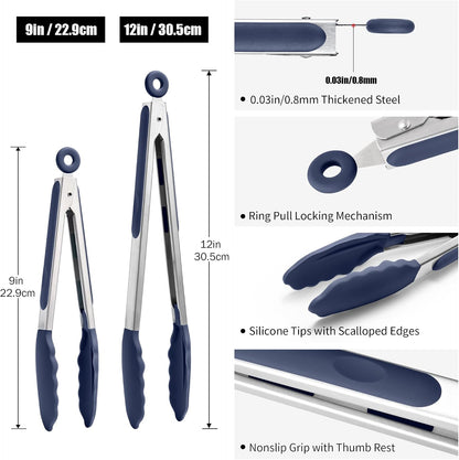 Kitchen Tongs with Silicone Tips for Cooking Serving (3Pcs, Navy) | 600°F Heat Resistant Food Tong, Heavy Duty Stainless Steel Locking Tong for BBQ, Grilling Steak, Salad, Toast, Pasta