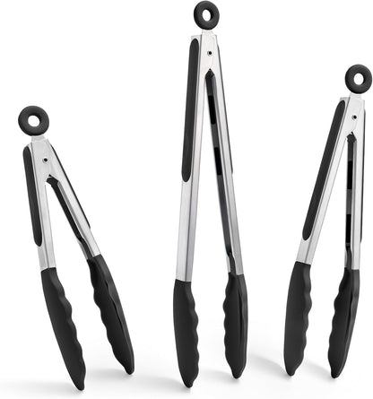 Kitchen Tongs with Silicone Tips for Cooking Serving (3Pcs, Navy) | 600°F Heat Resistant Food Tong, Heavy Duty Stainless Steel Locking Tong for BBQ, Grilling Steak, Salad, Toast, Pasta