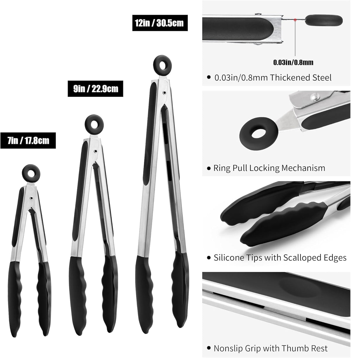 Kitchen Tongs with Silicone Tips for Cooking Serving (3Pcs, Navy) | 600°F Heat Resistant Food Tong, Heavy Duty Stainless Steel Locking Tong for BBQ, Grilling Steak, Salad, Toast, Pasta