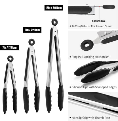 Kitchen Tongs with Silicone Tips for Cooking Serving (3Pcs, Navy) | 600°F Heat Resistant Food Tong, Heavy Duty Stainless Steel Locking Tong for BBQ, Grilling Steak, Salad, Toast, Pasta