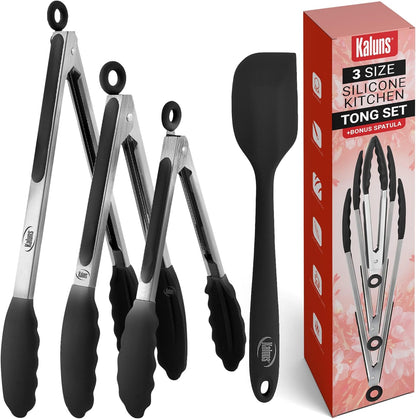 Kitchen Tongs for Cooking Grilling Set of 4, BBQ Grill Tongs With Silicone Tip Stainless Steel Heat Resistant, Non-stick Pull Lock, Incl 7, 9, 12 Inch Tong Plus a Silicone Spatula