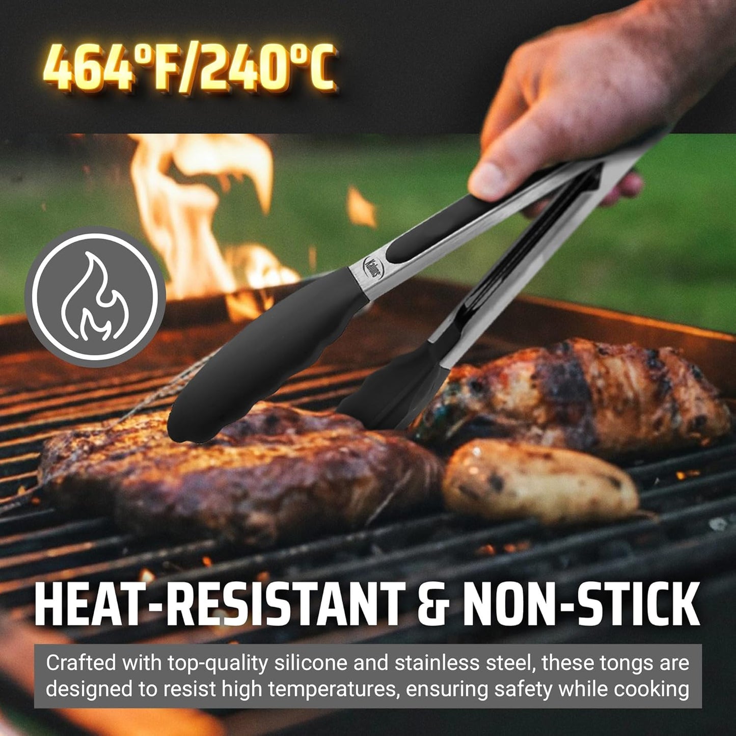 Kitchen Tongs for Cooking Grilling Set of 4, BBQ Grill Tongs With Silicone Tip Stainless Steel Heat Resistant, Non-stick Pull Lock, Incl 7, 9, 12 Inch Tong Plus a Silicone Spatula