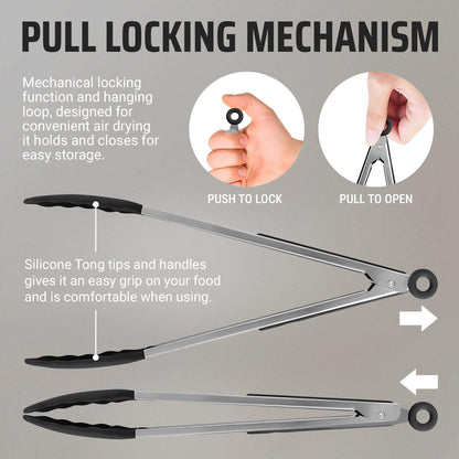 Kitchen Tongs for Cooking Grilling Set of 4, BBQ Grill Tongs With Silicone Tip Stainless Steel Heat Resistant, Non-stick Pull Lock, Incl 7, 9, 12 Inch Tong Plus a Silicone Spatula