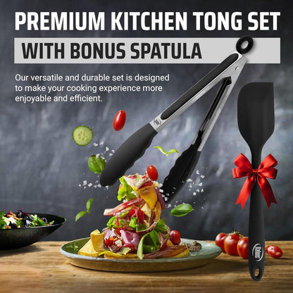 Kitchen Tongs for Cooking Grilling Set of 4, BBQ Grill Tongs With Silicone Tip Stainless Steel Heat Resistant, Non-stick Pull Lock, Incl 7, 9, 12 Inch Tong Plus a Silicone Spatula