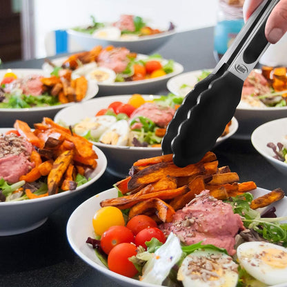 Kitchen Tongs for Cooking Grilling Set of 4, BBQ Grill Tongs With Silicone Tip Stainless Steel Heat Resistant, Non-stick Pull Lock, Incl 7, 9, 12 Inch Tong Plus a Silicone Spatula