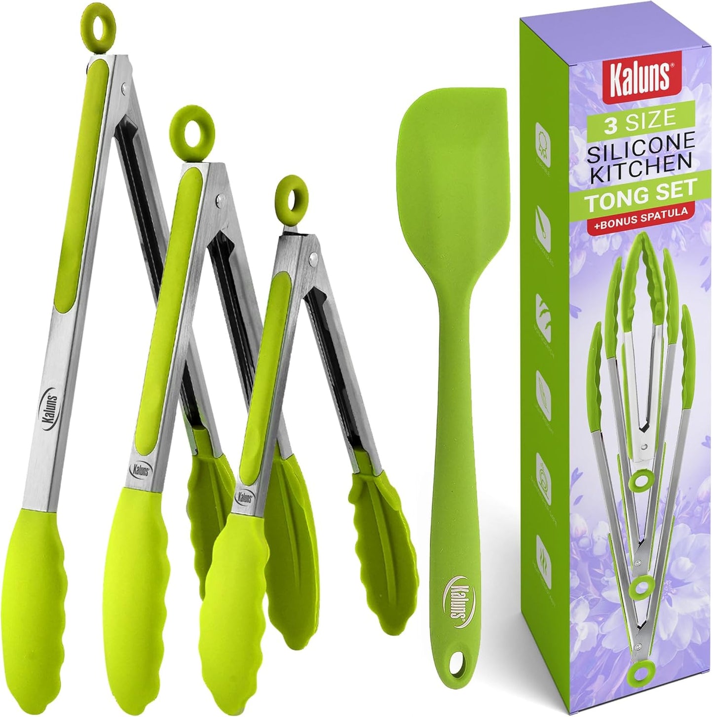 Kitchen Tongs for Cooking Grilling Set of 4, BBQ Grill Tongs With Silicone Tip Stainless Steel Heat Resistant, Non-stick Pull Lock, Incl 7, 9, 12 Inch Tong Plus a Silicone Spatula