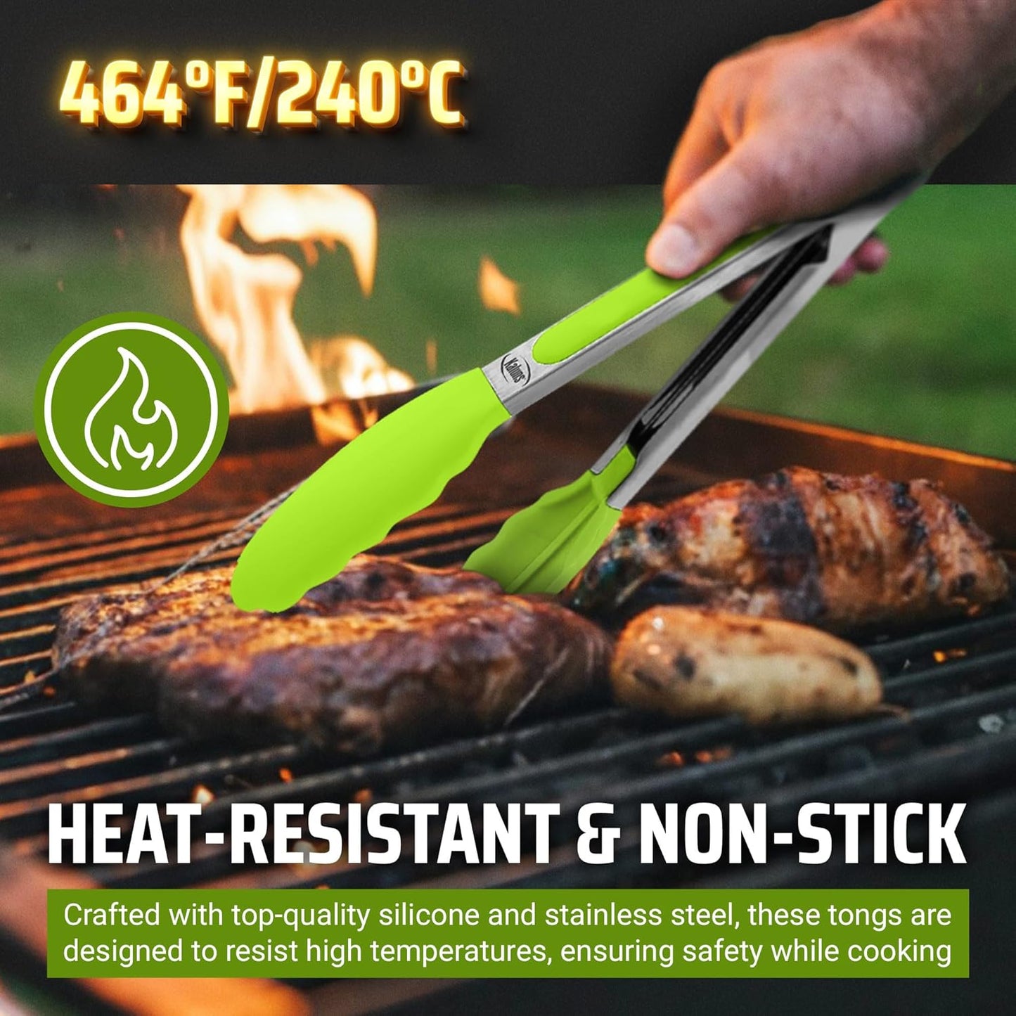 Kitchen Tongs for Cooking Grilling Set of 4, BBQ Grill Tongs With Silicone Tip Stainless Steel Heat Resistant, Non-stick Pull Lock, Incl 7, 9, 12 Inch Tong Plus a Silicone Spatula