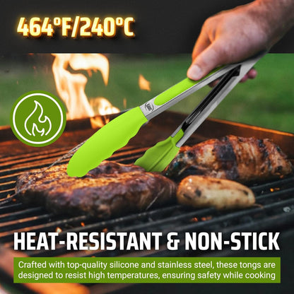 Kitchen Tongs for Cooking Grilling Set of 4, BBQ Grill Tongs With Silicone Tip Stainless Steel Heat Resistant, Non-stick Pull Lock, Incl 7, 9, 12 Inch Tong Plus a Silicone Spatula