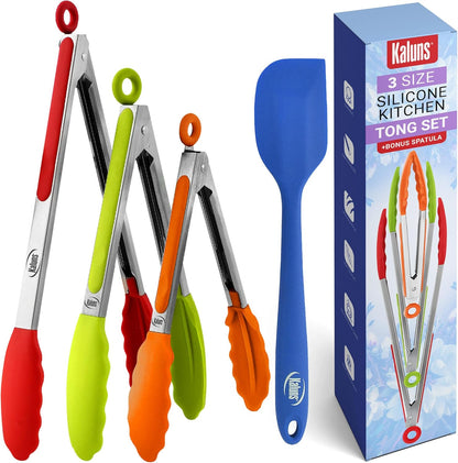 Kitchen Tongs for Cooking Grilling Set of 4, BBQ Grill Tongs With Silicone Tip Stainless Steel Heat Resistant, Non-stick Pull Lock, Incl 7, 9, 12 Inch Tong Plus a Silicone Spatula