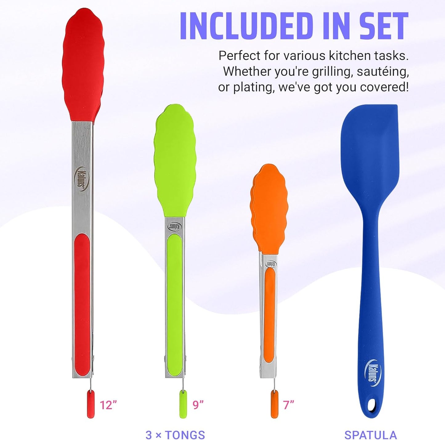 Kitchen Tongs for Cooking Grilling Set of 4, BBQ Grill Tongs With Silicone Tip Stainless Steel Heat Resistant, Non-stick Pull Lock, Incl 7, 9, 12 Inch Tong Plus a Silicone Spatula