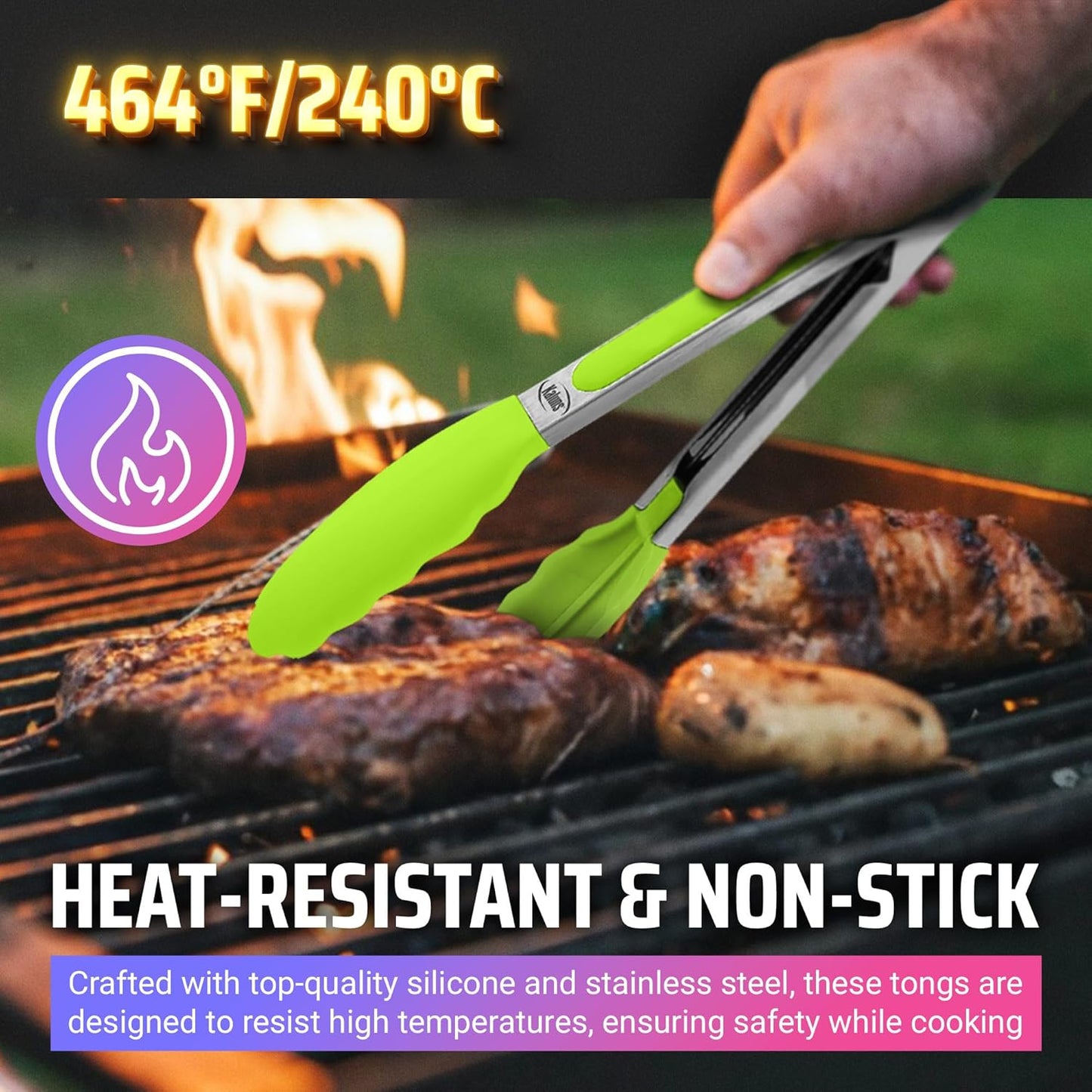 Kitchen Tongs for Cooking Grilling Set of 4, BBQ Grill Tongs With Silicone Tip Stainless Steel Heat Resistant, Non-stick Pull Lock, Incl 7, 9, 12 Inch Tong Plus a Silicone Spatula