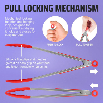 Kitchen Tongs for Cooking Grilling Set of 4, BBQ Grill Tongs With Silicone Tip Stainless Steel Heat Resistant, Non-stick Pull Lock, Incl 7, 9, 12 Inch Tong Plus a Silicone Spatula