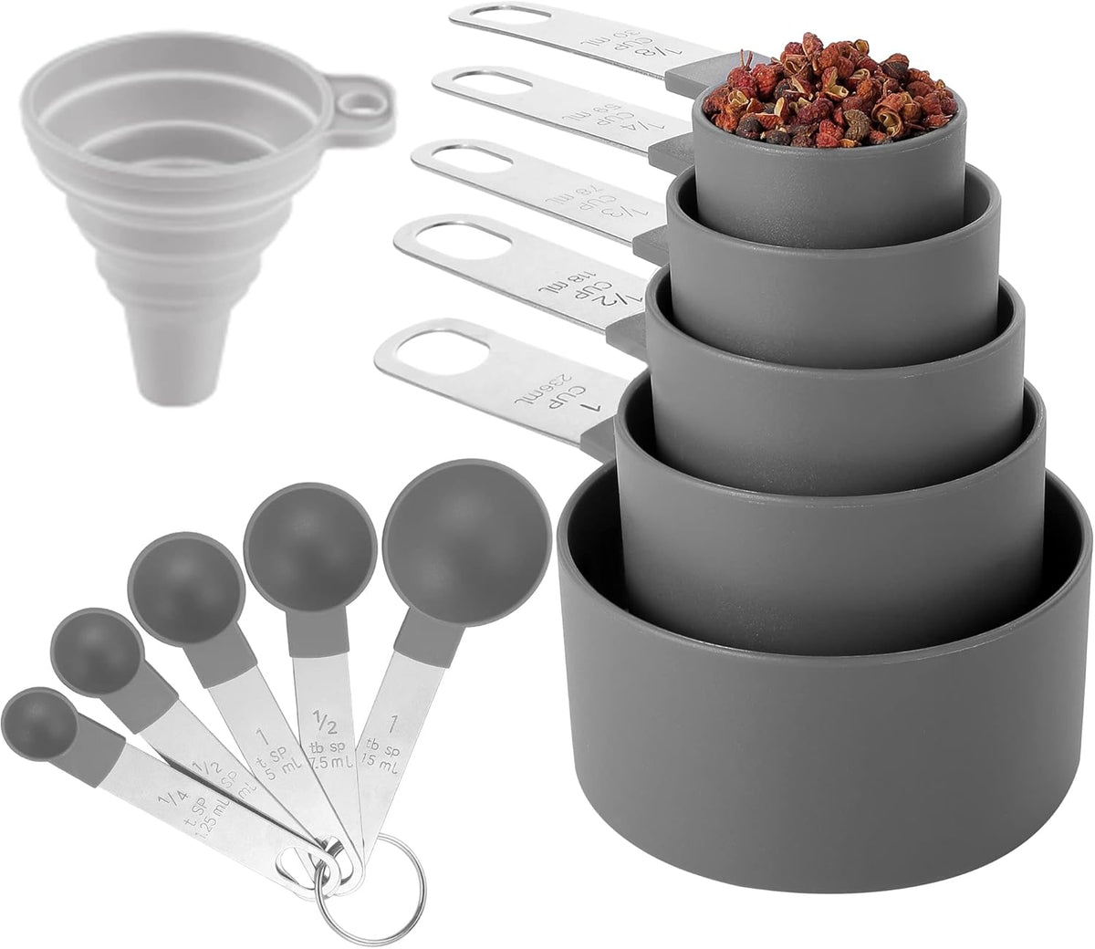 Measuring Cups and Spoons Set of Kitchen Gadgets 10 Pieces, Stackable Stainless Steel Handle Measuring Cups for Measuring Dry and Liquid Ingredient (Gray)