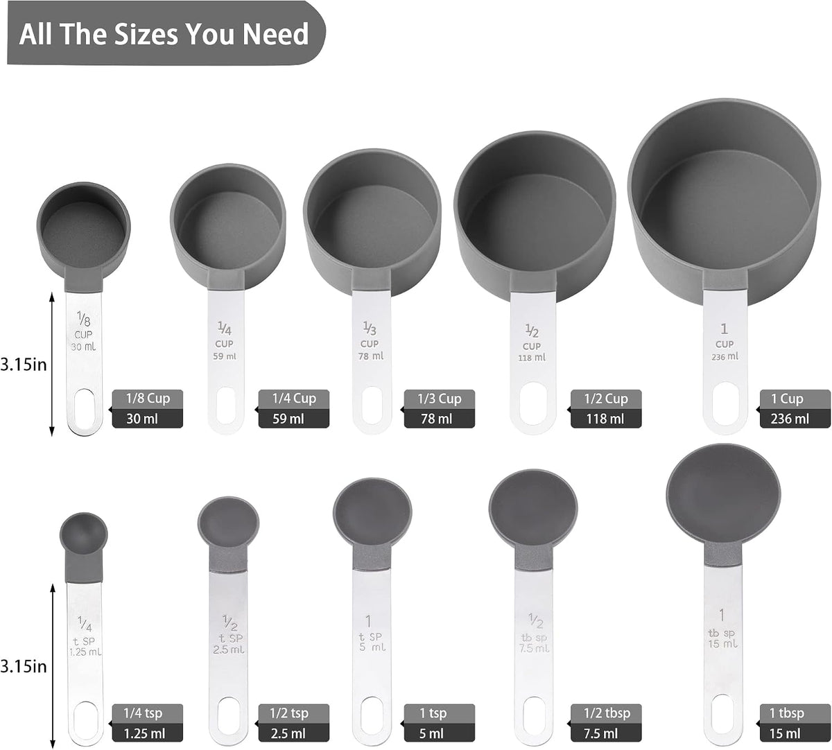 Measuring Cups and Spoons Set of Kitchen Gadgets 10 Pieces, Stackable Stainless Steel Handle Measuring Cups for Measuring Dry and Liquid Ingredient (Gray)