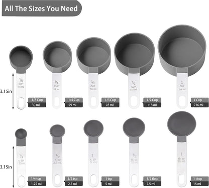 Measuring Cups and Spoons Set of Kitchen Gadgets 10 Pieces, Stackable Stainless Steel Handle Measuring Cups for Measuring Dry and Liquid Ingredient (Gray)