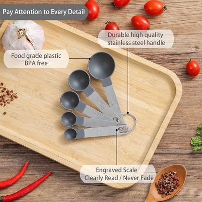 Measuring Cups and Spoons Set of Kitchen Gadgets 10 Pieces, Stackable Stainless Steel Handle Measuring Cups for Measuring Dry and Liquid Ingredient (Gray)