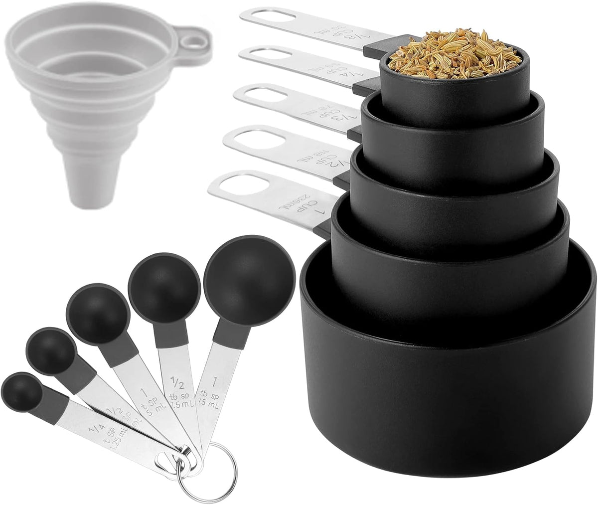 Measuring Cups and Spoons Set of Kitchen Gadgets 10 Pieces, Stackable Stainless Steel Handle Measuring Cups for Measuring Dry and Liquid Ingredient (Gray)
