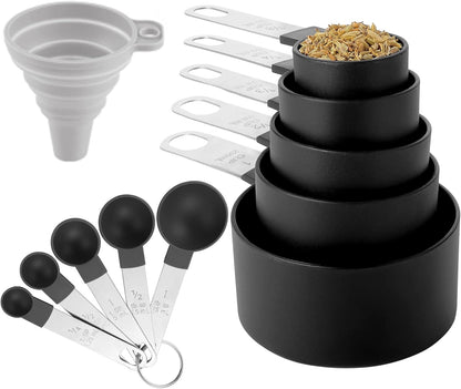 Measuring Cups and Spoons Set of Kitchen Gadgets 10 Pieces, Stackable Stainless Steel Handle Measuring Cups for Measuring Dry and Liquid Ingredient (Gray)