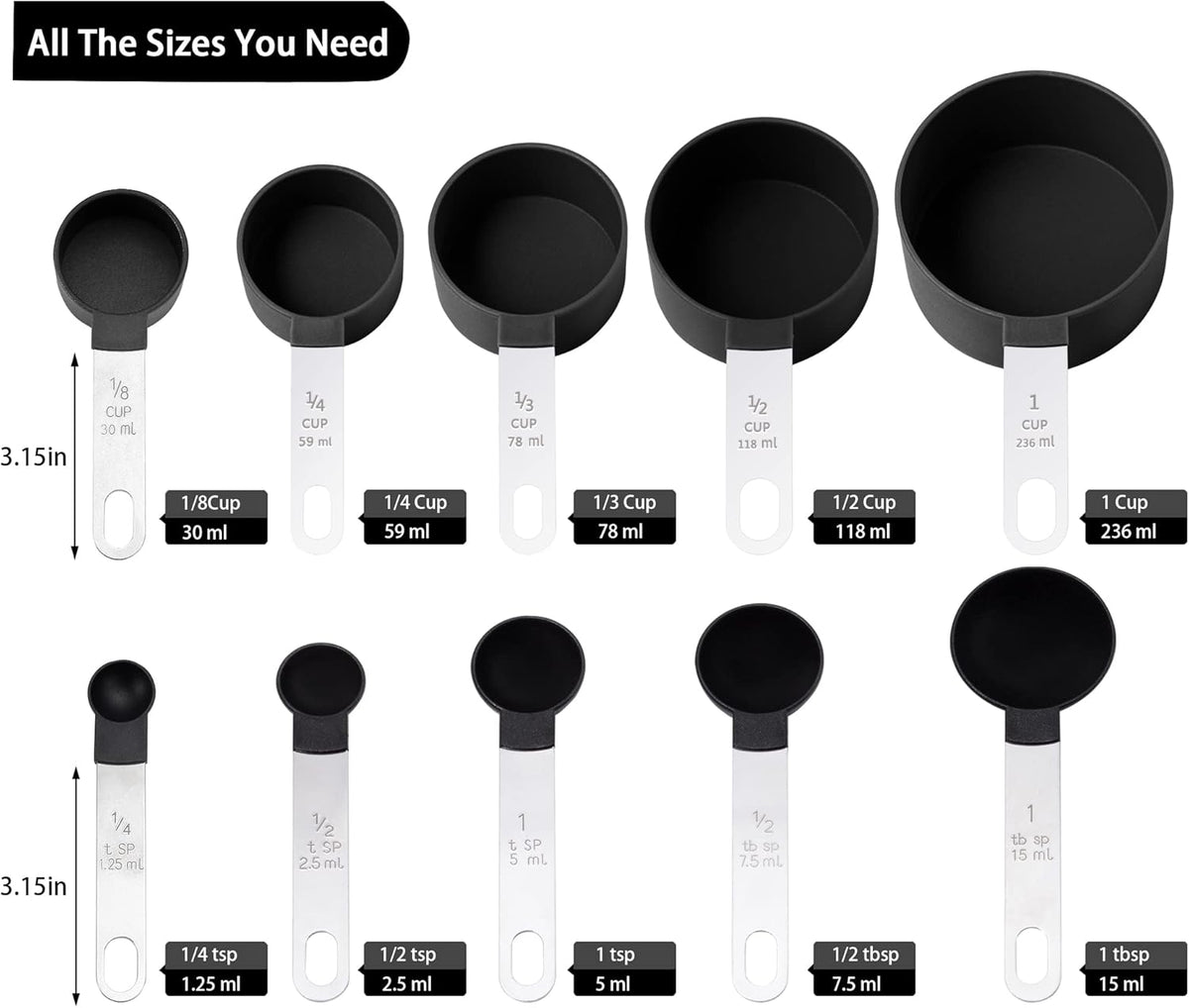 Measuring Cups and Spoons Set of Kitchen Gadgets 10 Pieces, Stackable Stainless Steel Handle Measuring Cups for Measuring Dry and Liquid Ingredient (Gray)