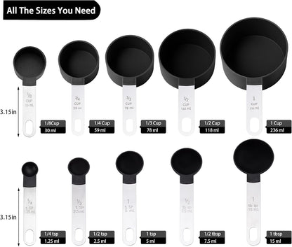 Measuring Cups and Spoons Set of Kitchen Gadgets 10 Pieces, Stackable Stainless Steel Handle Measuring Cups for Measuring Dry and Liquid Ingredient (Gray)