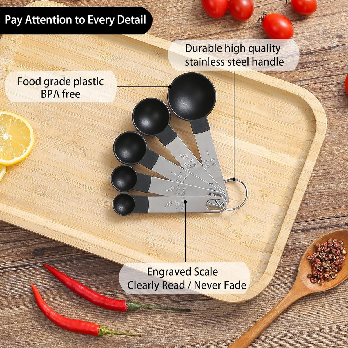 Measuring Cups and Spoons Set of Kitchen Gadgets 10 Pieces, Stackable Stainless Steel Handle Measuring Cups for Measuring Dry and Liquid Ingredient (Gray)