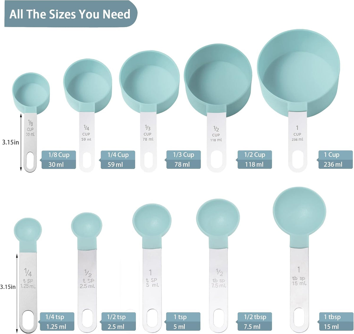 Measuring Cups and Spoons Set of Kitchen Gadgets 10 Pieces, Stackable Stainless Steel Handle Measuring Cups for Measuring Dry and Liquid Ingredient (Gray)