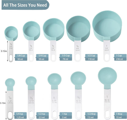 Measuring Cups and Spoons Set of Kitchen Gadgets 10 Pieces, Stackable Stainless Steel Handle Measuring Cups for Measuring Dry and Liquid Ingredient (Gray)