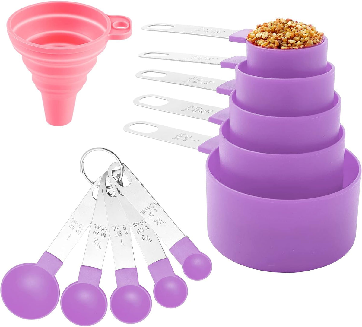 Measuring Cups and Spoons Set of Kitchen Gadgets 10 Pieces, Stackable Stainless Steel Handle Measuring Cups for Measuring Dry and Liquid Ingredient (Gray)