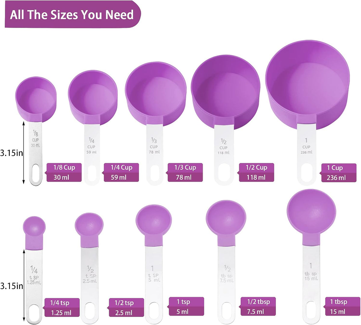 Measuring Cups and Spoons Set of Kitchen Gadgets 10 Pieces, Stackable Stainless Steel Handle Measuring Cups for Measuring Dry and Liquid Ingredient (Gray)