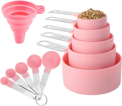 Measuring Cups and Spoons Set of Kitchen Gadgets 10 Pieces, Stackable Stainless Steel Handle Measuring Cups for Measuring Dry and Liquid Ingredient (Gray)