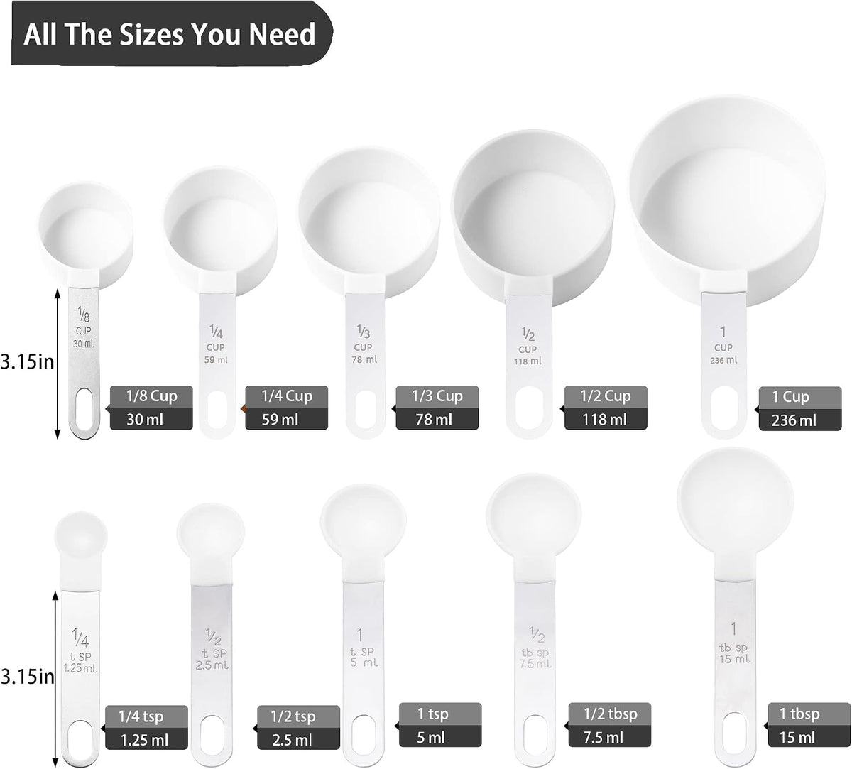 Measuring Cups and Spoons Set of Kitchen Gadgets 10 Pieces, Stackable Stainless Steel Handle Measuring Cups for Measuring Dry and Liquid Ingredient (Gray)