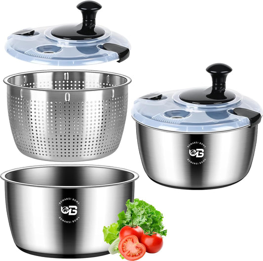 5.3 Qt Stainless Steel Salad Spinner, Vegetable Spinners, Lettuce Spinner, Fruit Washer, Large Salad Spinners, Dishwasher Safe, 304 Stainless Steel Bowl & Basket