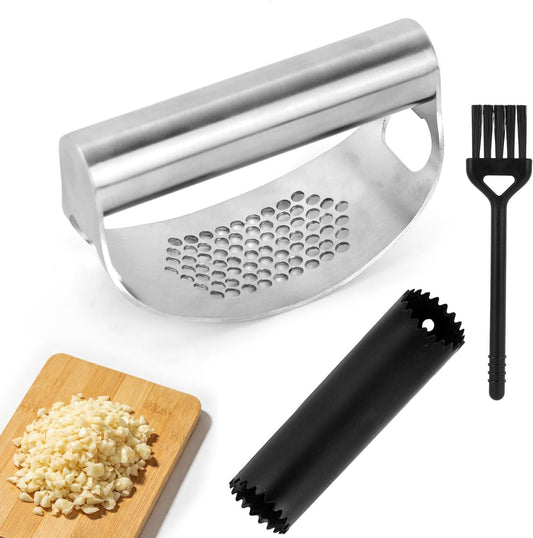 Stainless Steel Garlic Press Rocker Tool, Upgrade Manual Garlic Roller Crusher with Plastic Peeler & Silicone Cleaning Brush, Portable Ginger Mincer and Easy-Clean Chopper Kitchen Gadget