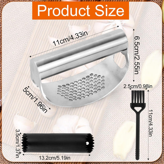 Stainless Steel Garlic Press Rocker Tool, Upgrade Manual Garlic Roller Crusher with Plastic Peeler & Silicone Cleaning Brush, Portable Ginger Mincer and Easy-Clean Chopper Kitchen Gadget