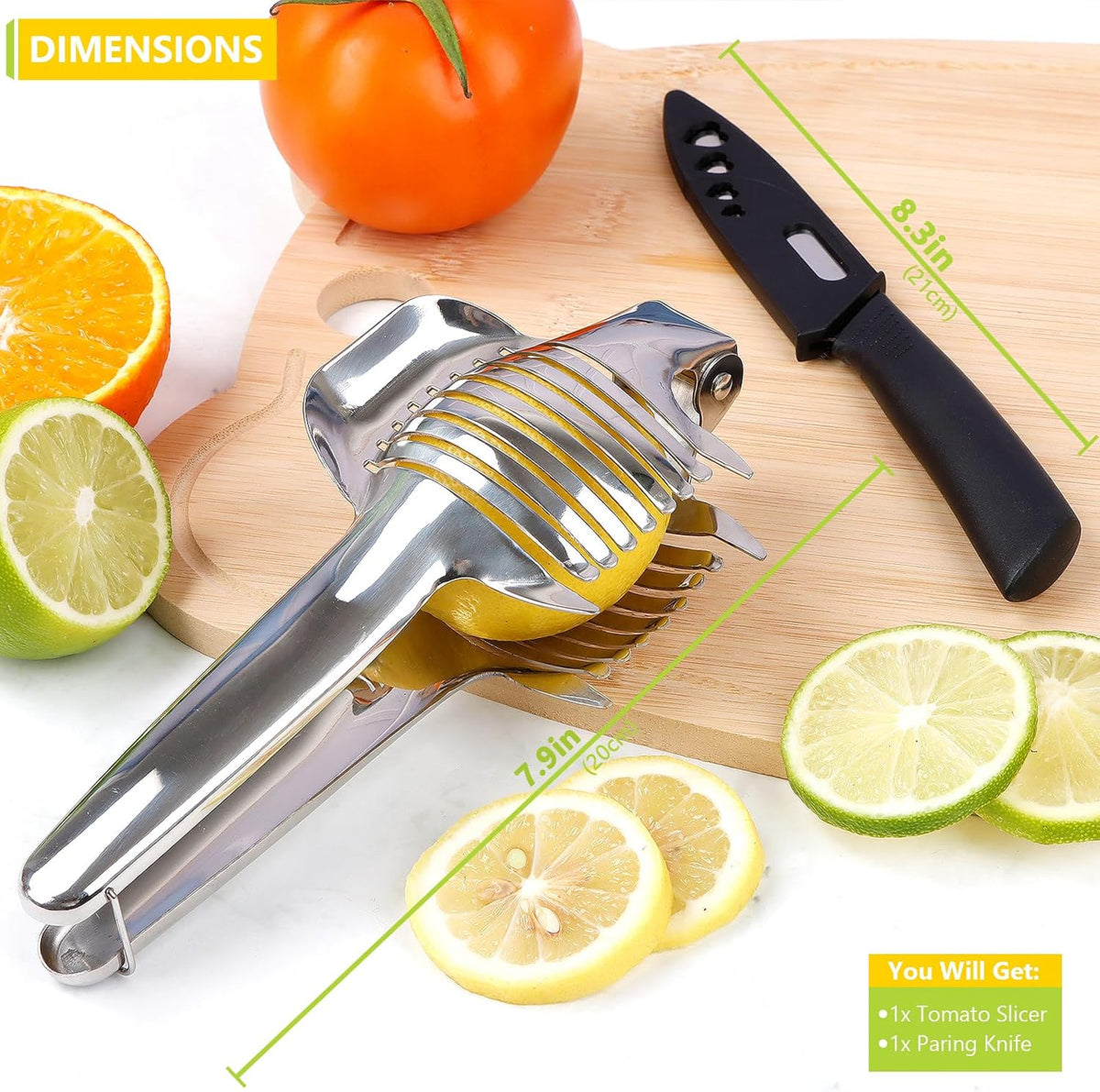Tomato Slicer Holder with Paring Knife, Lemon Cutter Slicer for Slicing, Stainless Steel Onion Holder for Slicing, Vegetable Cutter for Tomato, Lemon