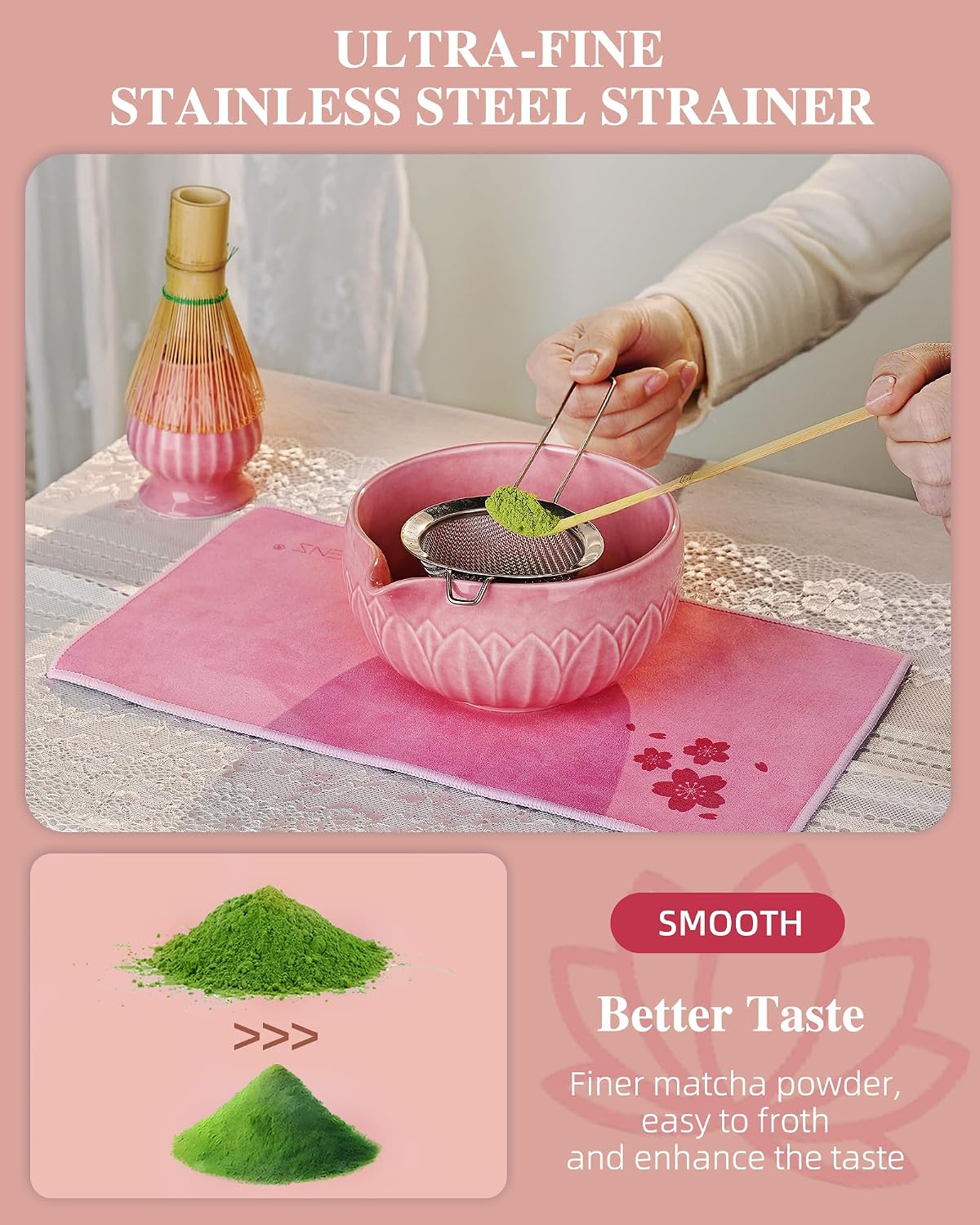 ZENS Premium Matcha Whisk Set, Matcha Kit with Matcha Tools, Pink