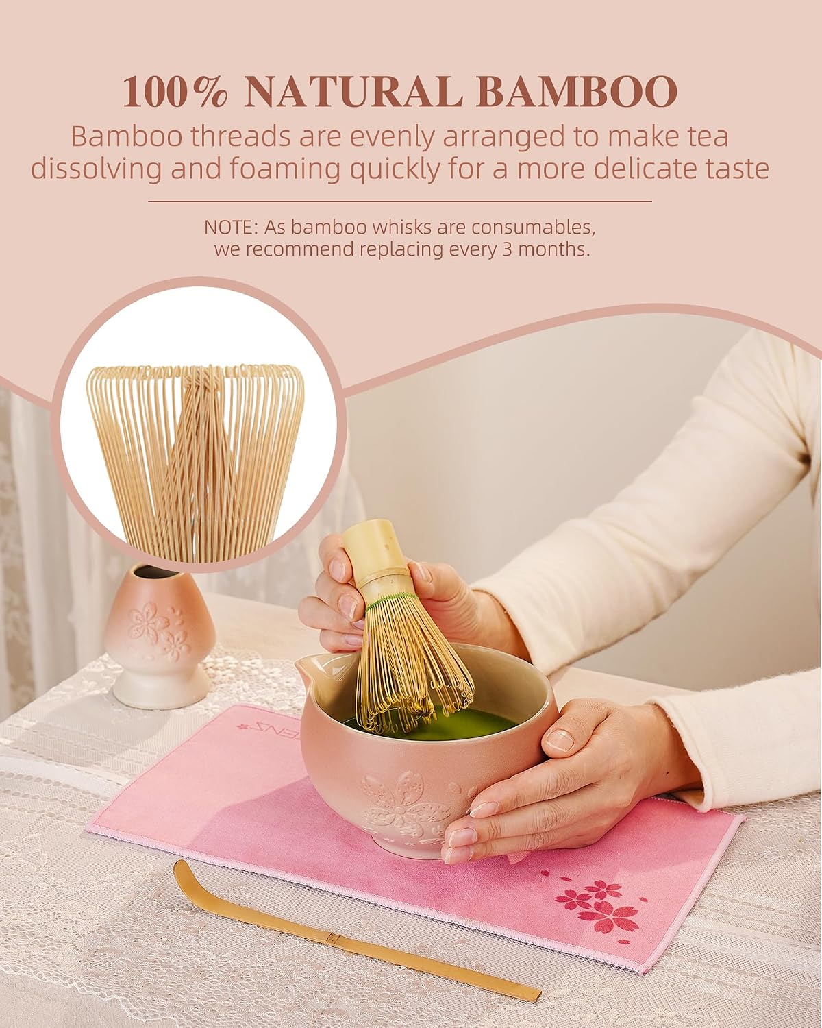 ZENS Premium Matcha Whisk Set, Matcha Kit with Matcha Tools, Pink