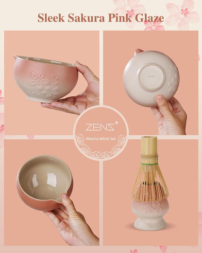 ZENS Premium Matcha Whisk Set, Matcha Kit with Matcha Tools, Pink